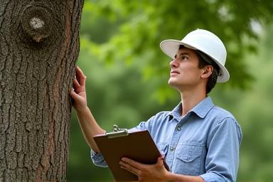 Arborist inspecting tree for report