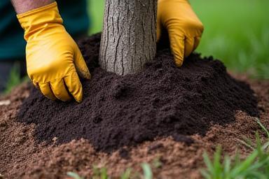 Mulch being spread around tree base