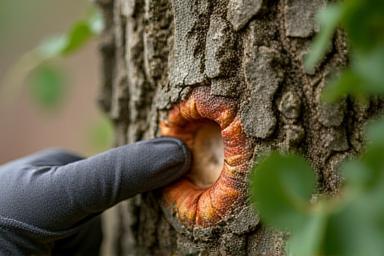 Close up of tree bark being inspected